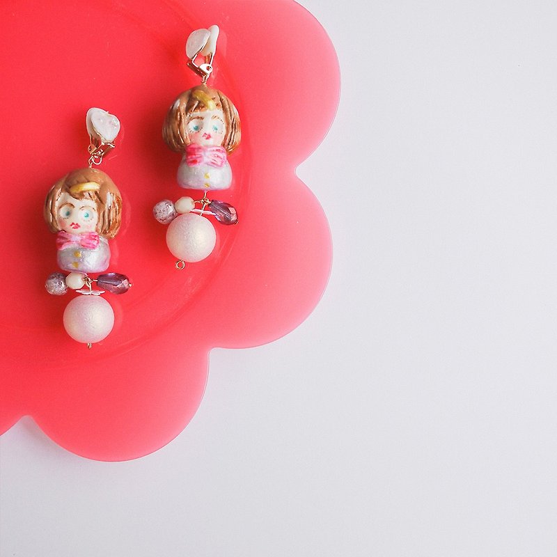 黏土耳環 珍珠閃光少女 耳環耳夾 - 耳环/耳夹 - 纸 粉红色