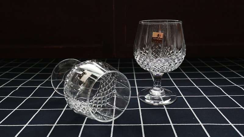 水晶红酒杯-光束刻花 (餐具/旧货/老物/水晶玻璃/菱格/透明) - 酒杯/酒器 - 玻璃 透明