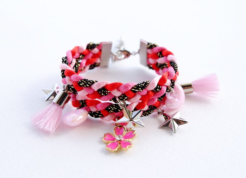 Pink double-layered bracelet with flower , star and heart charms - 手链/手环 - 其他材质 粉红色