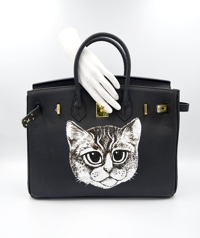 GOOKASO黑色真皮牛皮革手绘猫咪包包手袋35cm Birkin 款单肩手袋 - 手提包/手提袋 - 真皮 黑色