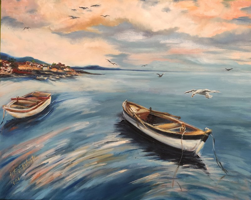 渔船和海鸥风景原画当代海景艺术 - 墙贴/壁贴 - 其他材质 蓝色