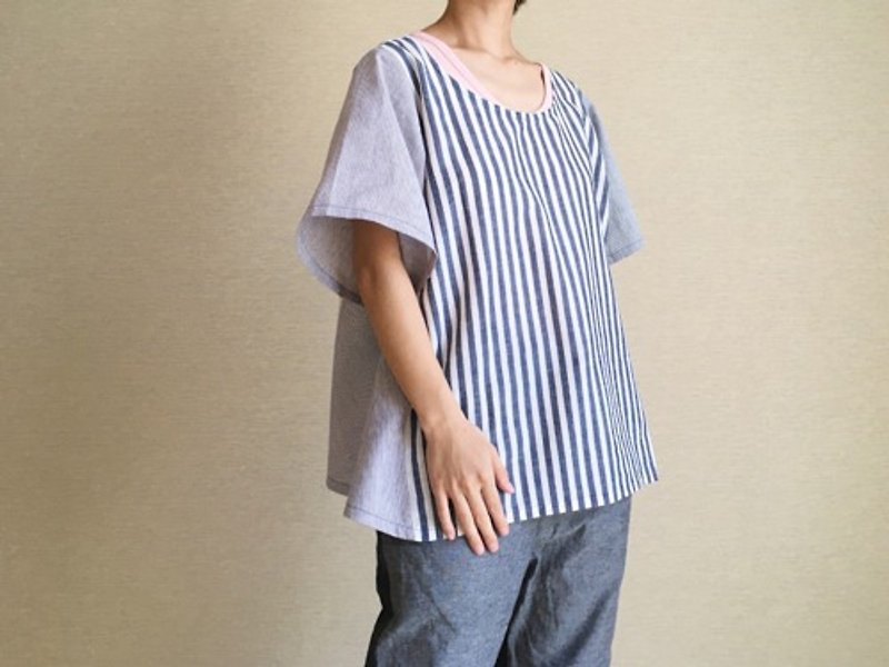 シャツ生地のゆるTシャツ006(グレー×パープル系) - 女装上衣 - 棉．麻 灰色