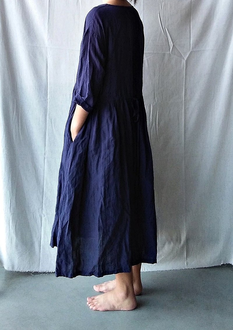 Feliz & Recap [ 抽绳两穿连衣裙 ] 亚麻 深蓝偏蓝紫 - 洋装/连衣裙 - 棉．麻 