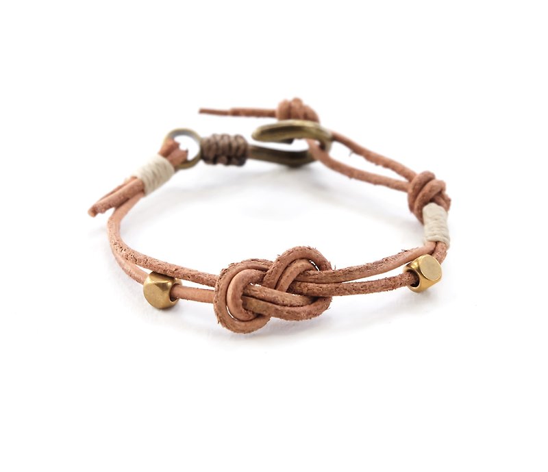 Infinity knot genuine leather in natural tan brass hook bracelet - 手链/手环 - 真皮 咖啡色