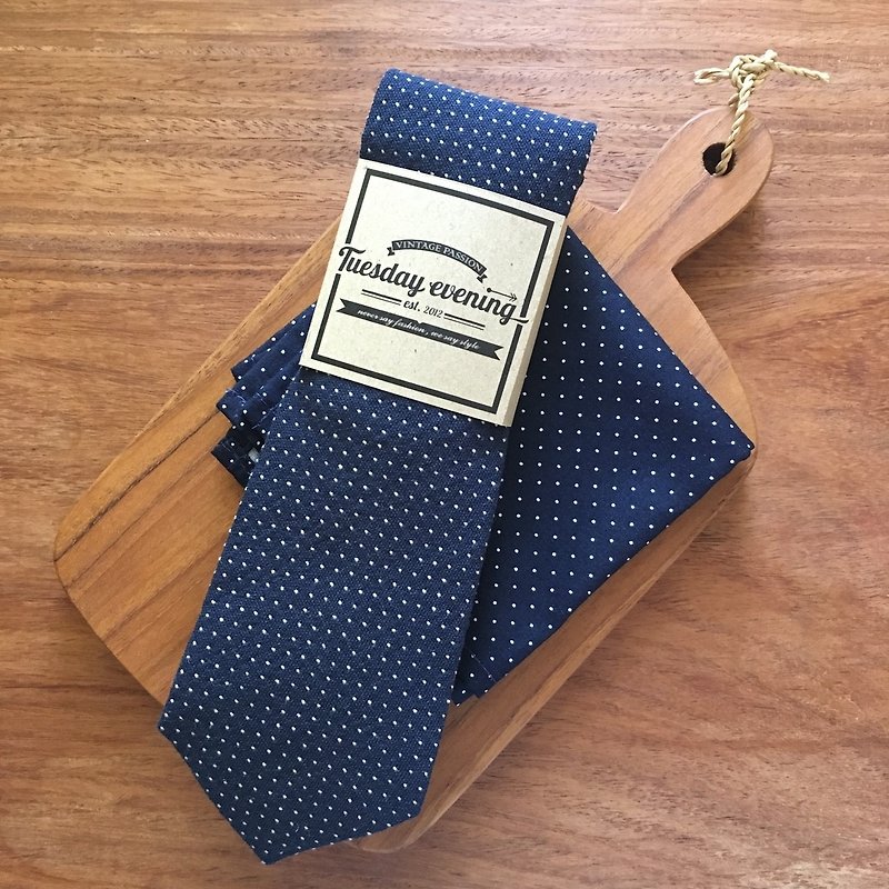 Double Blue Polka Dot Tie Set - 领带/领带夹 - 棉．麻 蓝色