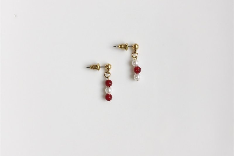 小红 珍珠玛瑙小耳环 - 耳环/耳夹 - 宝石 红色