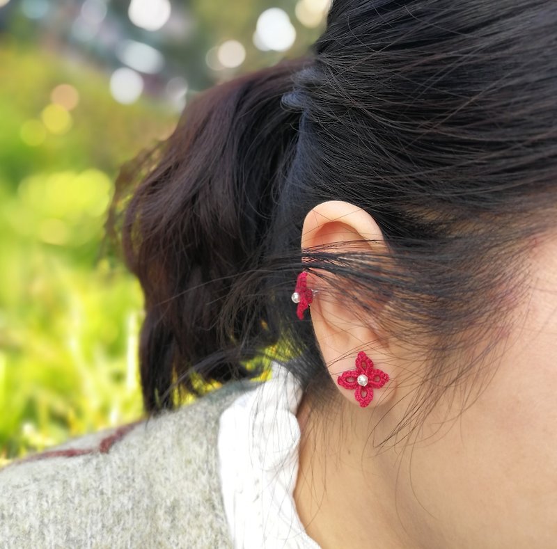 手织四瓣花珍珠耳环(红色) 情人节 Swarovski 耳夹 定制化 - 耳环/耳夹 - 棉．麻 红色