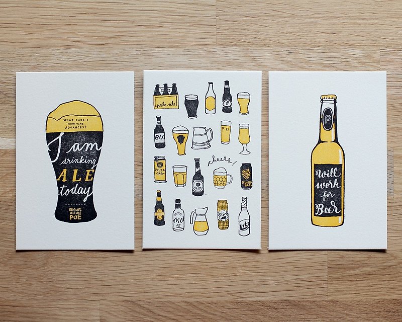 啤酒系列 - 凸版印刷明信片 一组 3 张 - 海报/装饰画/版画 - 纸 黄色