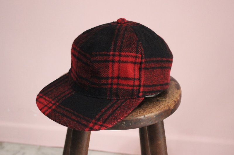 意大利制红色黑色格纹羊毛帽(可调尺寸) - 帽子 - 羊毛 红色
