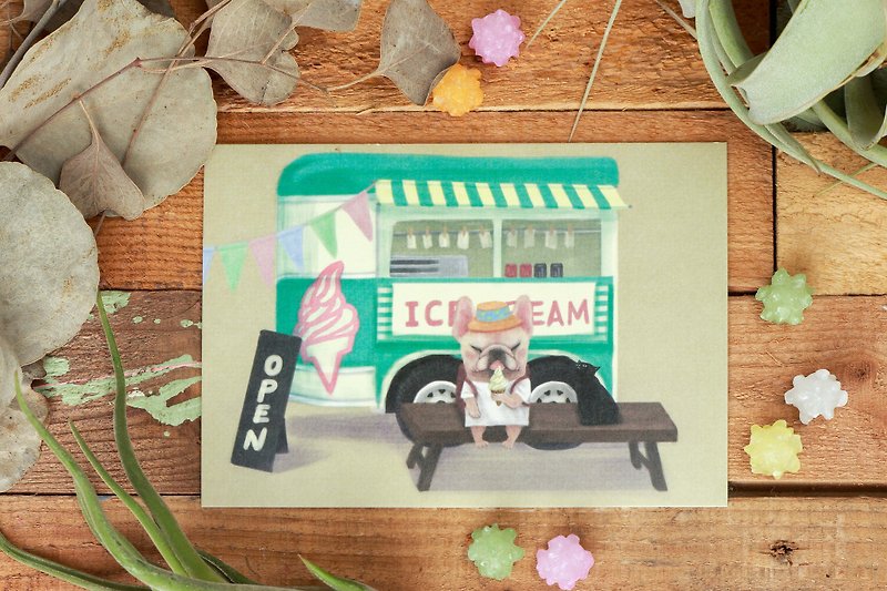 法斗插画明信片 - 夏天 黑猫 冰淇淋 麦戈的日常系列 - 卡片/明信片 - 纸 卡其色