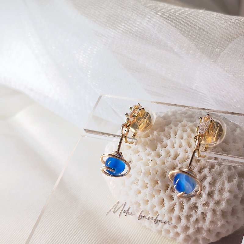 夹式耳环 | 水蓝星 | 水晶 - 耳环/耳夹 - 其他材质 金色