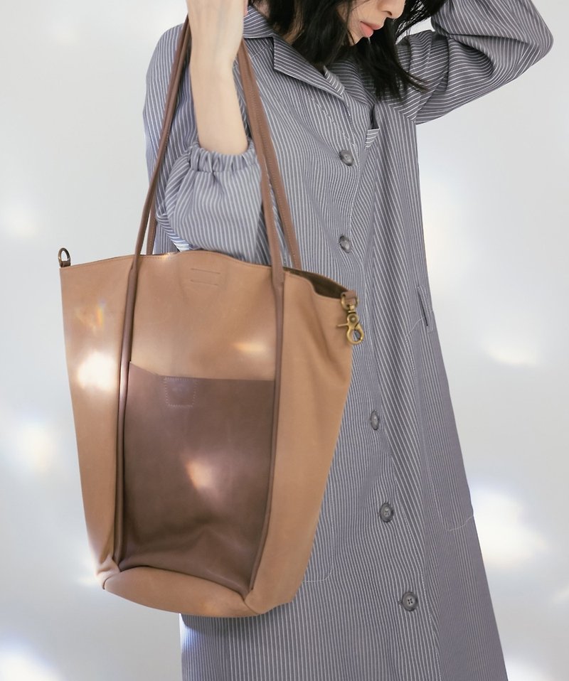 细带设计 真皮托特子母2用包-浅褐棕 - 手提包/手提袋 - 真皮 咖啡色
