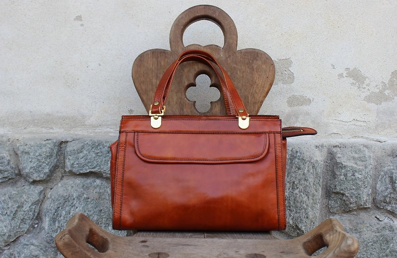 B164[Vintage皮包](意大利制)咖啡色手提包古董包 - 手提包/手提袋 - 真皮 咖啡色