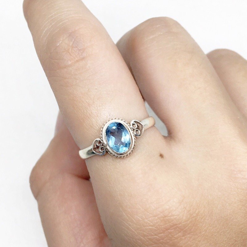 蓝托帕石925纯银心形设计戒指 尼泊尔手工镶嵌制作 - 戒指 - 宝石 蓝色