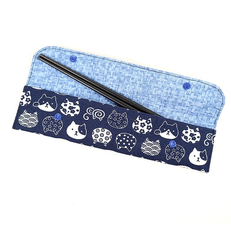 环保筷套  筷子套  餐具收纳袋 笔袋- 福气猫脸(蓝) - 筷子/筷架 - 棉．麻 蓝色