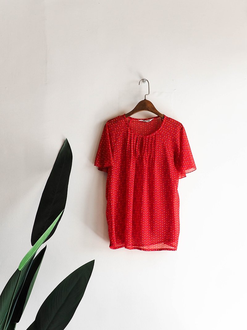 河水山- 青森纯红烈焰艳色流星缀点 古董丝感纺纱质衬衫上衣shirt - 女装衬衫 - 聚酯纤维 红色