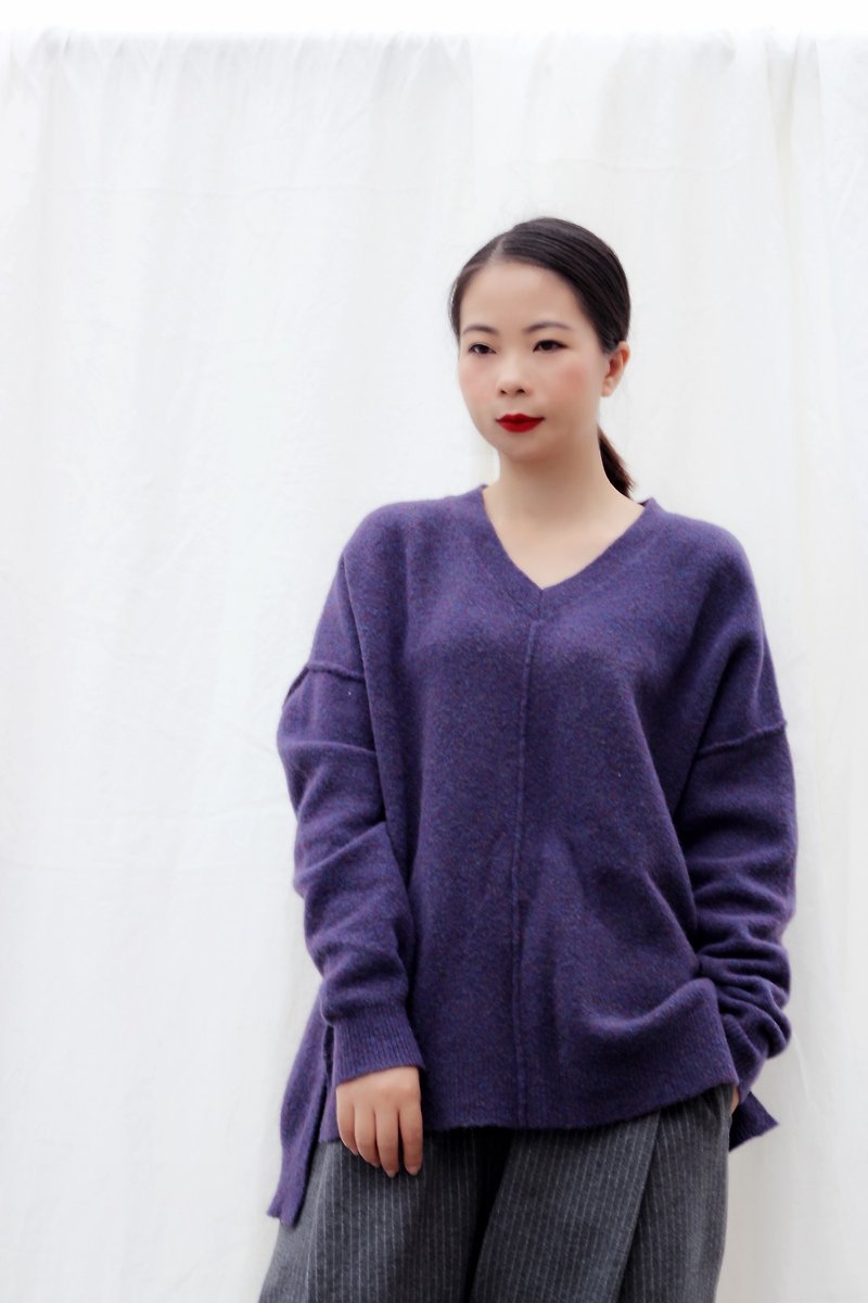 【现货】深紫V领羊毛毛衣 - 女装针织衫/毛衣 - 羊毛 紫色