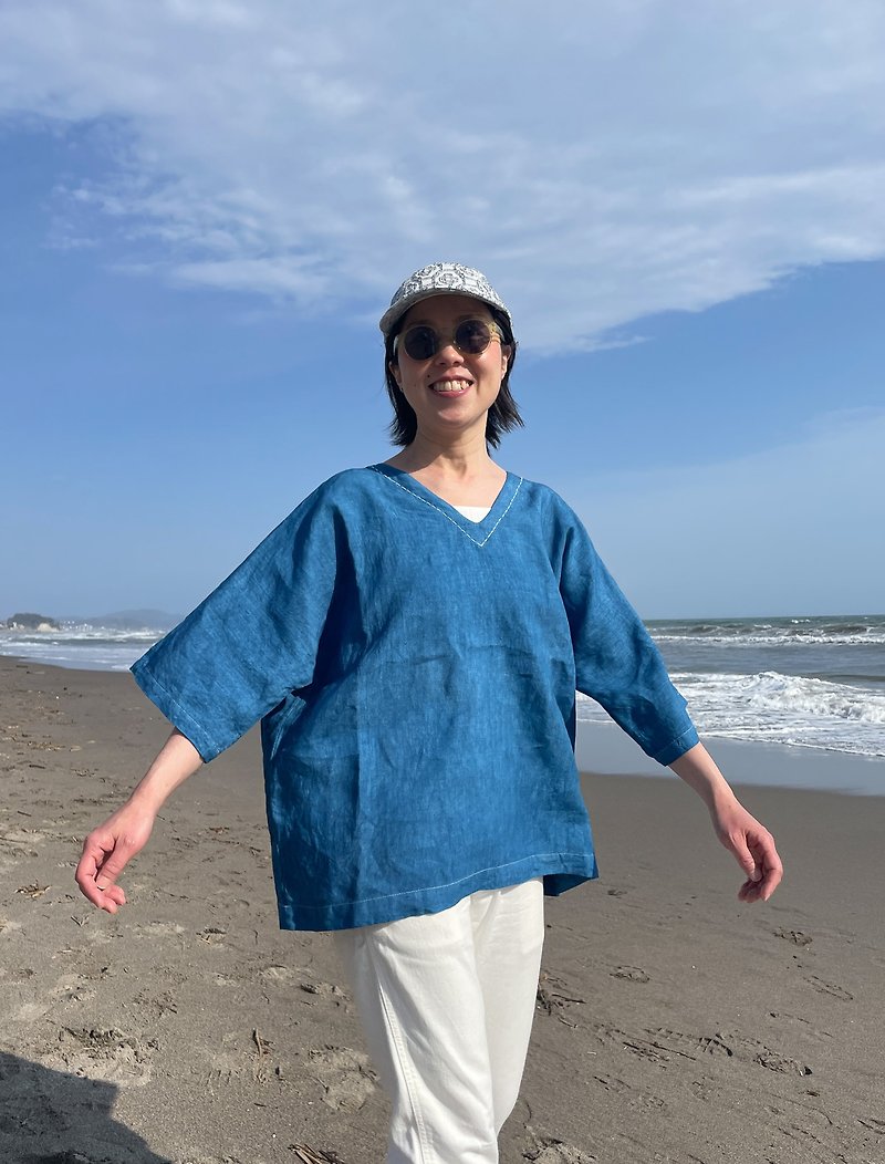 日本製 藍染フレンス製リネンの半袖シャツ　刺子  Linen  Shirts JAPANBLUE Aizome - 中性连帽卫衣/T 恤 - 棉．麻 蓝色