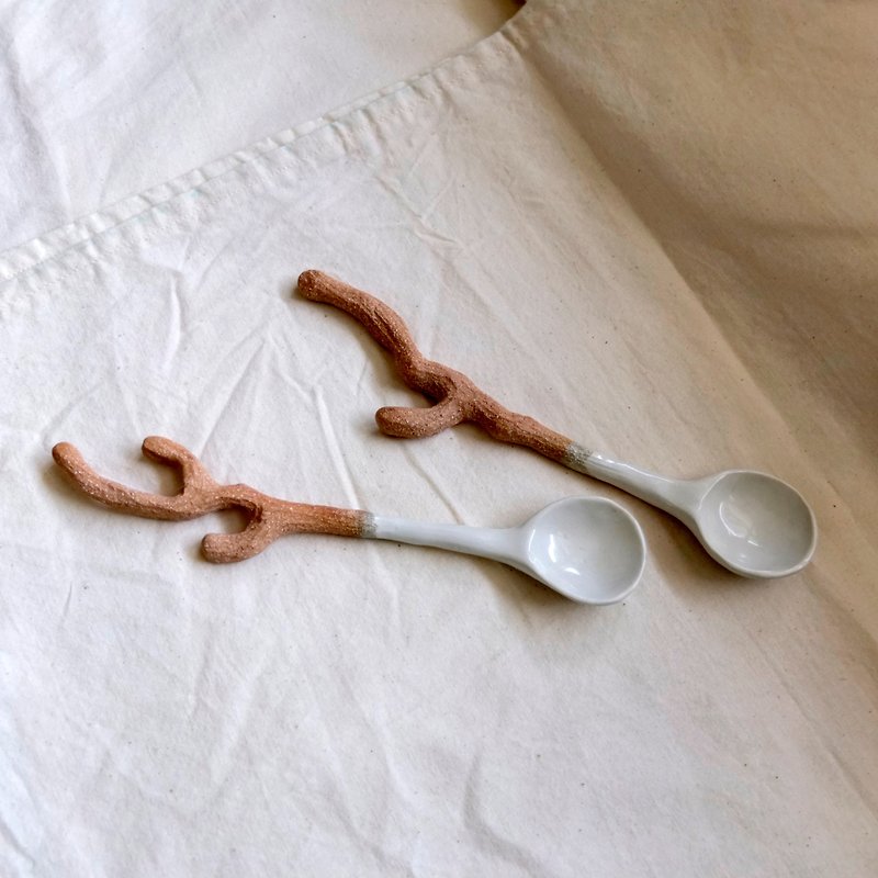 树枝造型 汤匙 茶匙 一对 - 餐刀/叉/匙组合 - 陶 咖啡色