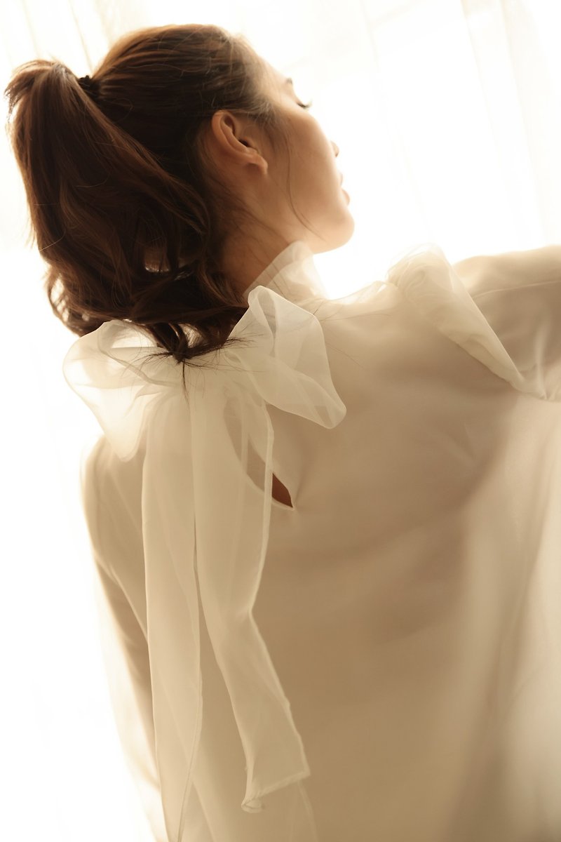 蝴蝶结双层纱上衣—白—漫步佛罗伦斯2024SS - 女装上衣 - 其他材质 白色