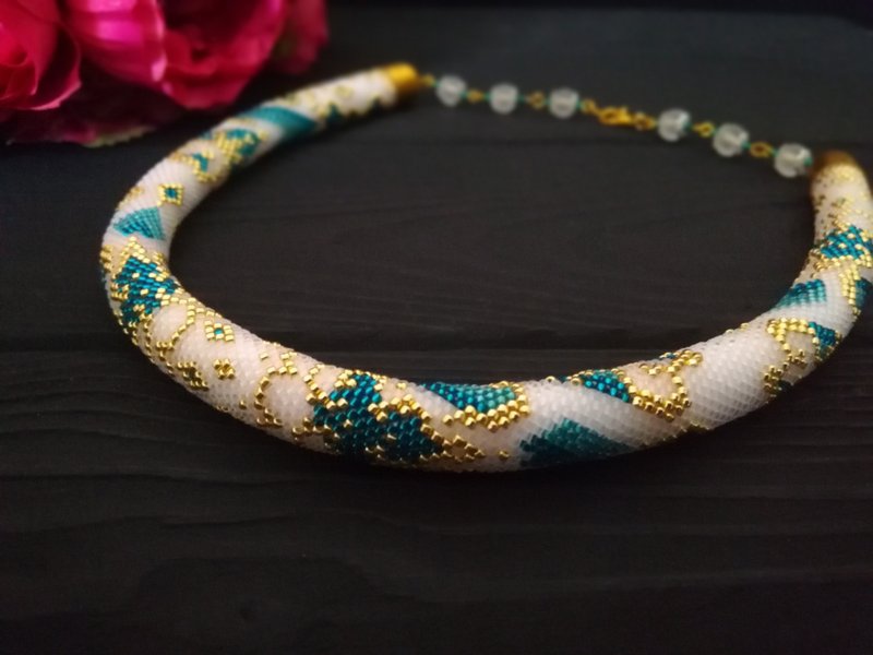 珠子鉤針繩項鍊  有機種子串珠項鍊 Bead Crochet Rope Necklace ,  Organic Seed Beaded Necklace - 项链 - 玻璃 白色