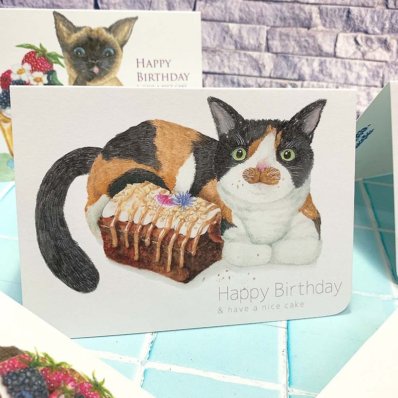 猫与甜点生日卡片 | 三色猫 | 巧克力蛋糕 |庆生 | 贺卡 | 插画 - 卡片/明信片 - 纸 白色