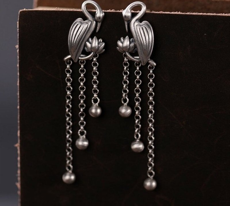 New Design Birds Flamingo Earrings for Women Real Thai Silver 925 Silver Tassels - 耳环/耳夹 - 纯银 银色