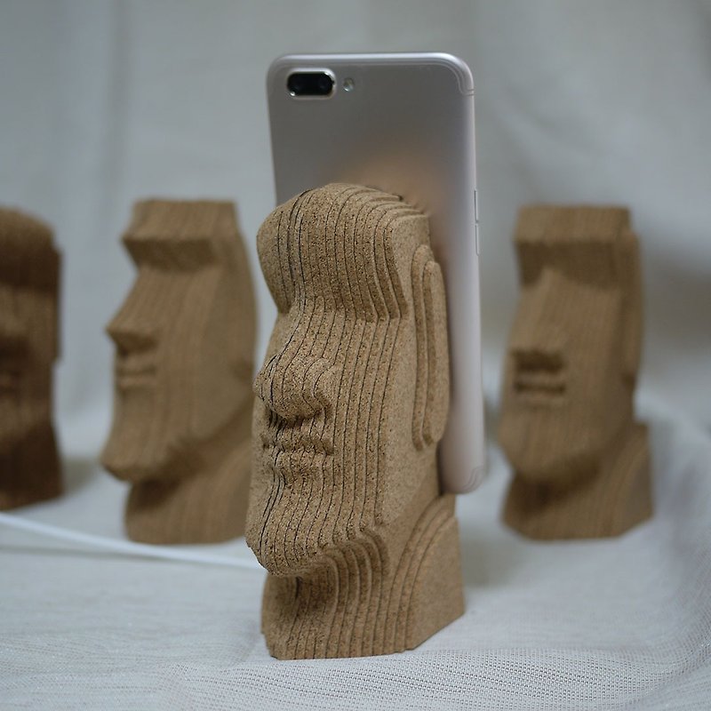 圆顶 摩艾 Moai 巨石像 手机架 软木堆叠 手作工艺品 疗愈小物 - 摆饰 - 木头 咖啡色