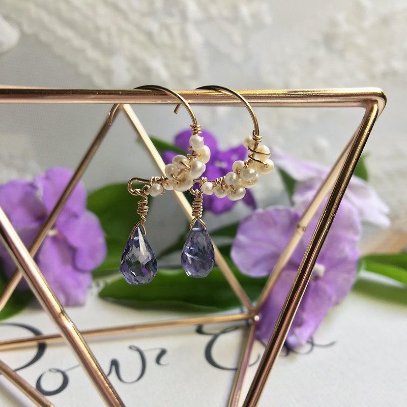手工耳环 紫色堇青石与珍珠 - 耳环/耳夹 - 宝石 紫色
