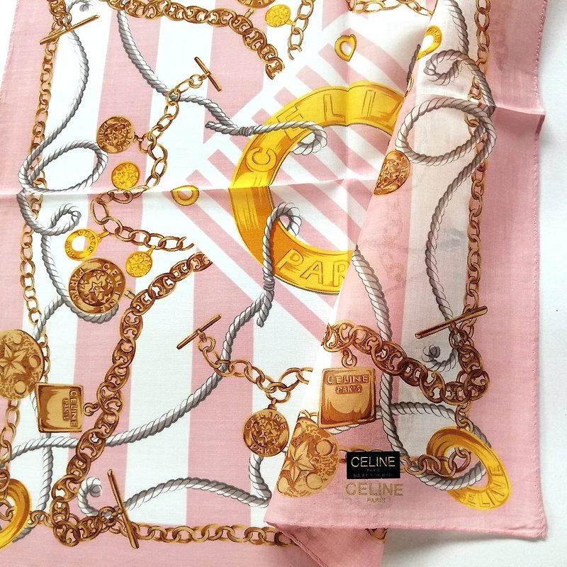 Celine 复古手帕金色珠宝吊饰 20 x 20 英寸，复古围巾 - 丝巾 - 棉．麻 粉红色