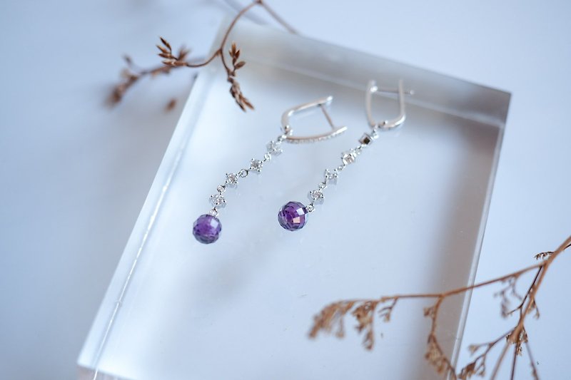 Exquisite long dangle sterling silver earring with 7 mm purple crystal balls - 耳环/耳夹 - 纯银 紫色