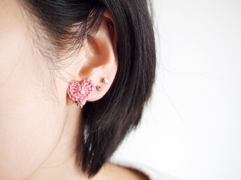 浪漫人手编织深粉红蕾丝心形耳环BE075 - 耳环/耳夹 - 绣线 粉红色