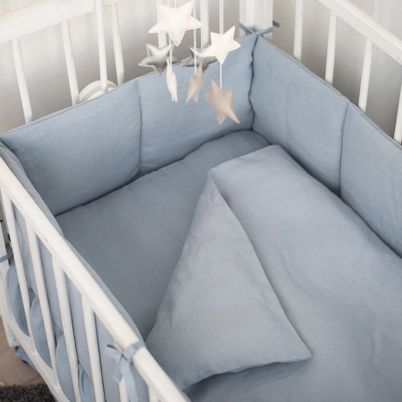 Blue Linen (flax) crib bumper pad – 4 side soft cot bumper – bumper with laces - - 婴儿床上用品 - 亚麻 蓝色