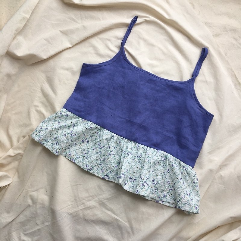 Cami Floral Blue Linen napkin strap shirt - 女装背心 - 棉．麻 蓝色