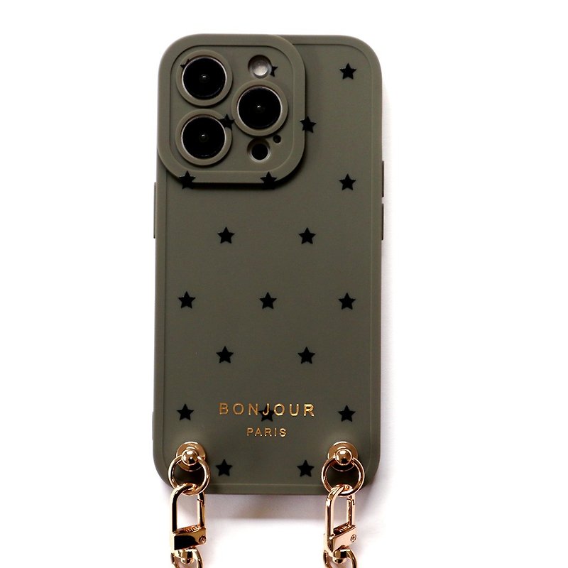 iPhone15/14/13/12 东京系列-欧风灰绿小星星金链手机壳 - 手机壳/手机套 - 塑料 黑色