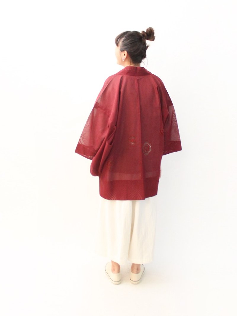 复古日本制素色暗红色图腾镂空针织古着羽织和服外套罩衫开衫 - 女装休闲/机能外套 - 聚酯纤维 红色