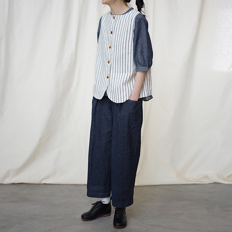 【Pinkoi ONLY】Stripe Linen Vest - 女装背心 - 棉．麻 蓝色