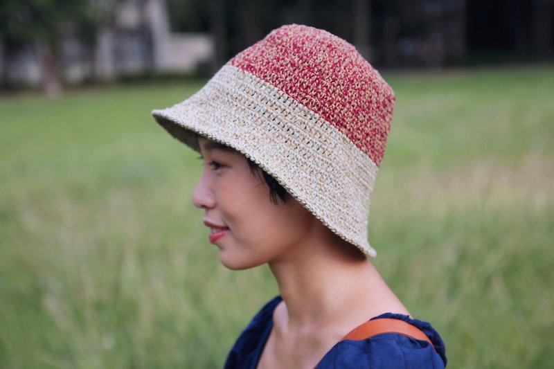 编织双色宽檐渔夫帽-砖造红嫩芽绿 - 帽子 - 棉．麻 红色