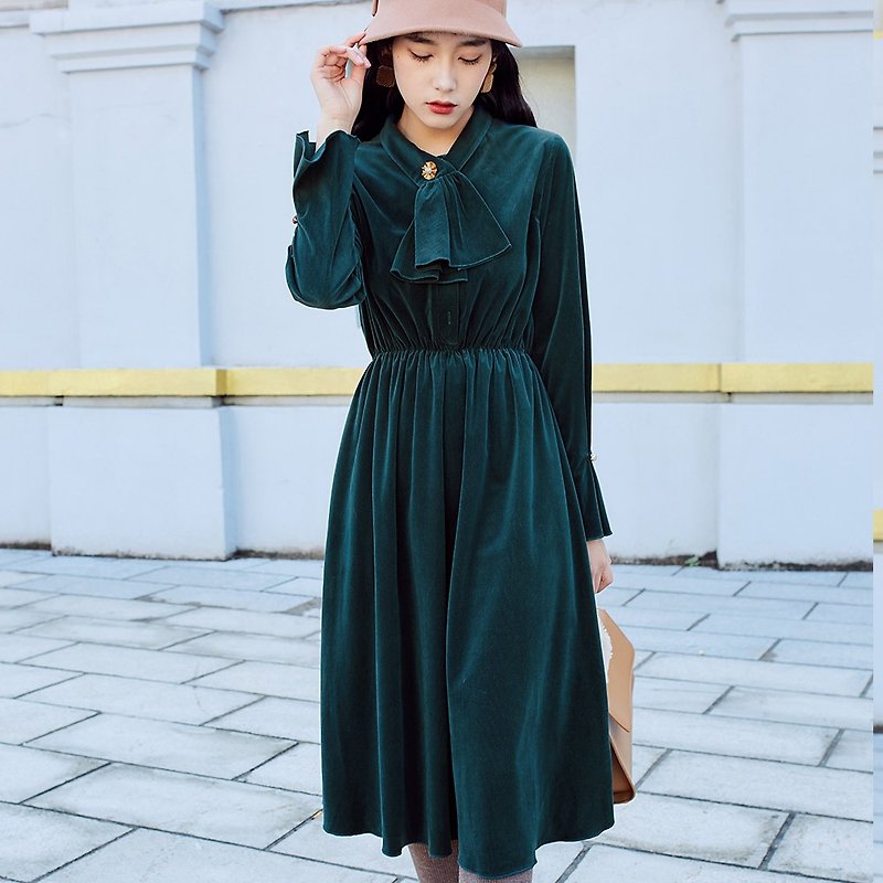 【有货】女装冬季穿搭飘带收口袖长款连身裙洋装 81399 - 洋装/连衣裙 - 聚酯纤维 绿色