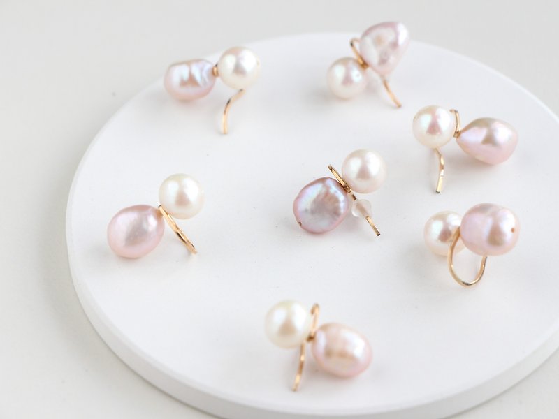 14kgf- 3way twin pearl pierced earrings/clip-on/ear cuff - 耳环/耳夹 - 其他金属 白色