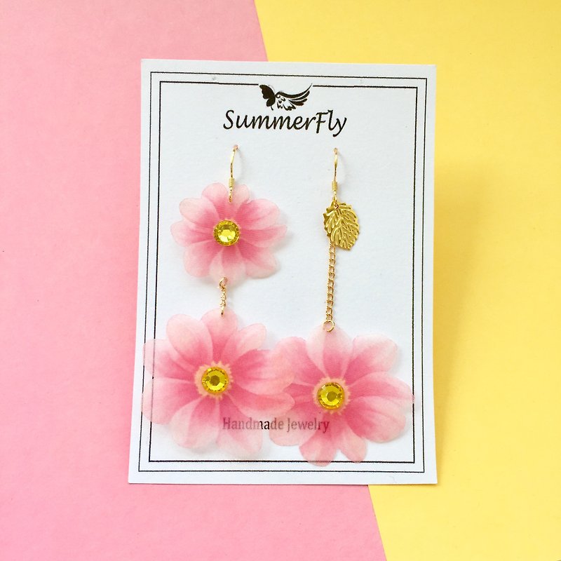 耳钩 耳夹——真丝花朵粉色垂坠耳环 水钻 - 耳环/耳夹 - 植物．花 粉红色