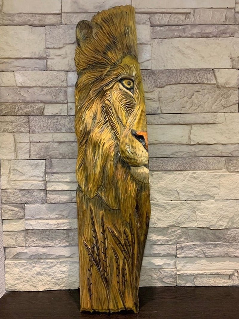 雕刻木狮子狮子雕塑狮子墙装饰狮子雕像狮子图形艺术 - 墙贴/壁贴 - 木头 橘色