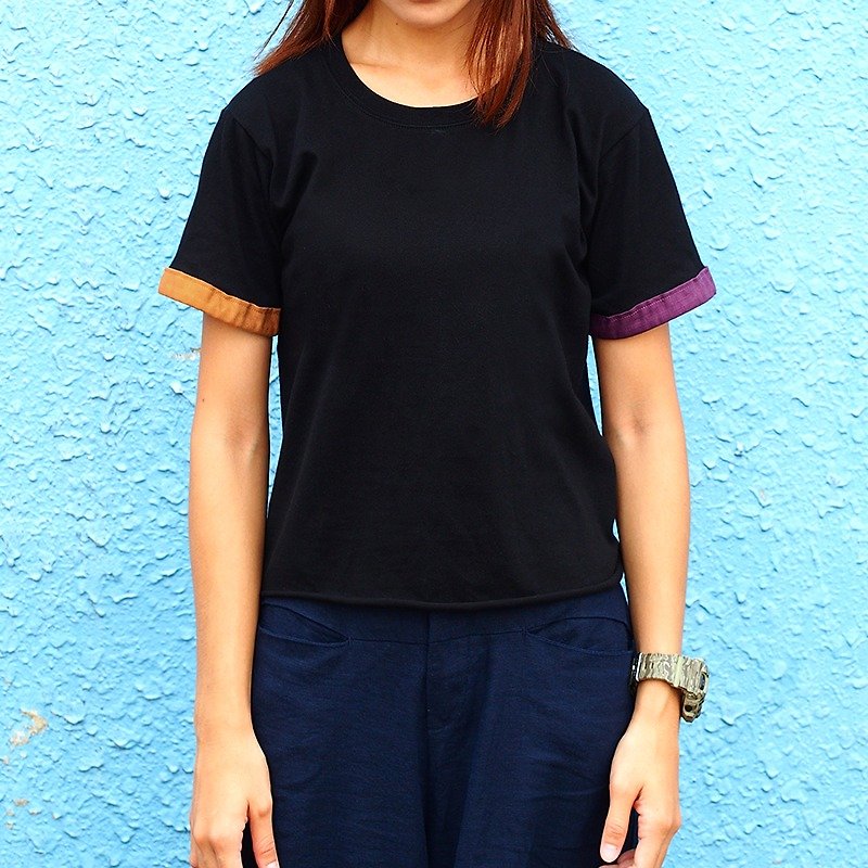 小牛村 女短袖 T-shirt 短版 拼色【童趣时光】紫/棕咖 T-20 - 女装上衣 - 棉．麻 黑色