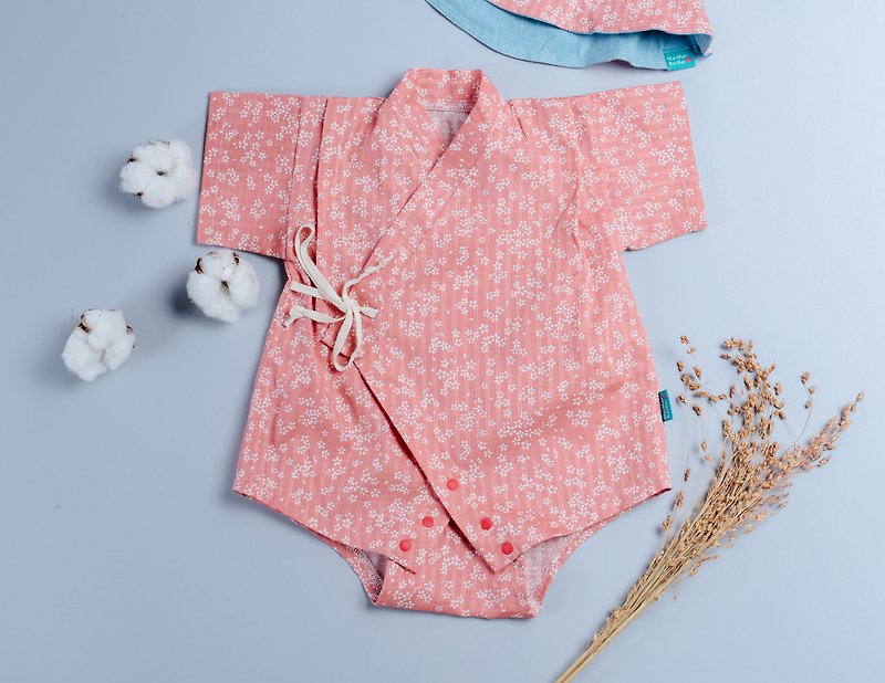 日式甚平纱布衣- 樱花 手作甚平 婴儿  - 包屁衣/连体衣 - 棉．麻 粉红色