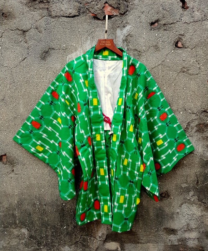 小龟葛葛 - 日本草绿几何羽织古董和服外套 - 女装休闲/机能外套 - 棉．麻 
