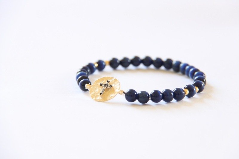 时尚能量珠宝系列-十字架&深蓝玛瑙手链/ Gold Cross charm & Blue Agate bracelet - 手链/手环 - 宝石 蓝色