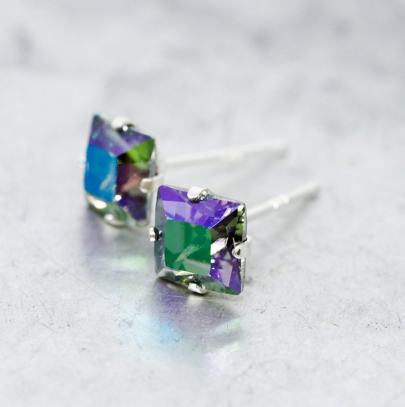 Purple Mystic Swarovski Crystal Stud Earrings, Sterling Silver, 6mm Square - 耳环/耳夹 - 其他金属 紫色