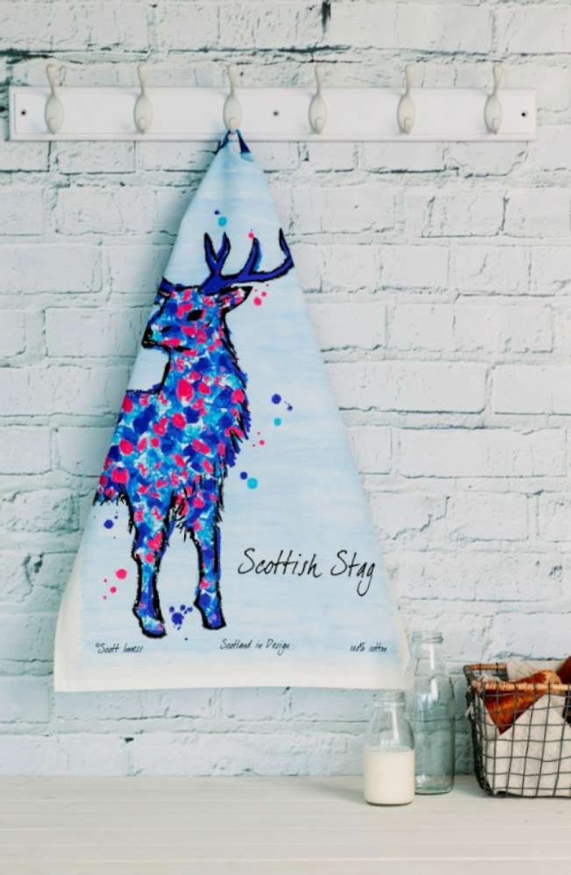 英国Scott Inness苏格兰手绘泼墨驯鹿图腾 厨房专用毛巾/擦碗巾 - 厨房用具 - 棉．麻 蓝色