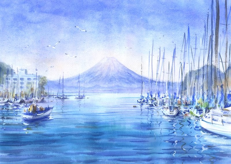 水彩画 湘南の海と富士山 - 海报/装饰画/版画 - 纸 蓝色