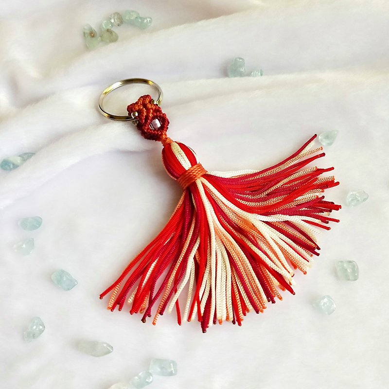 C011-手工编织串珠钥匙圈 热情火焰红小流苏 - 钥匙链/钥匙包 - 尼龙 红色